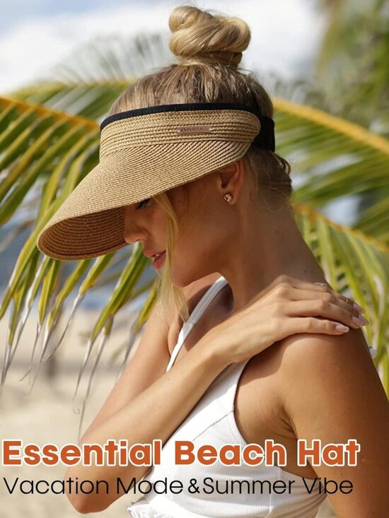 Packable Straw Sun Visor Hat for Women - Summer Beach Ponytail Hat, UPF 80 main image 6